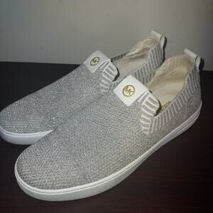 Michael Kors Womens Slip On Sneakers 8.5M Knit Juno Metallic Sparkle Champagne